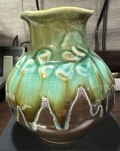 Vintage Vase Drip Glaze Studio Pottery Green Leaves 6" Tall Arts & Crafts