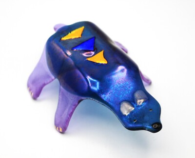 Dichroic Iridescent Fused Art Glass Geometric Bear Figurine Signed