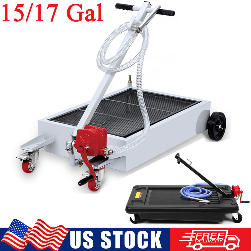 15/17 Gallon Oil Drain Pan Low Profile Rolling Dolly with Pump and 7.2 Ft Hose