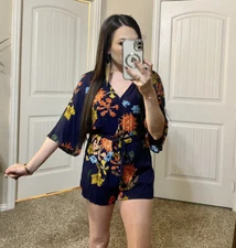 Shein Navy Tropical Wide Sleeve Tie Waist Romper S