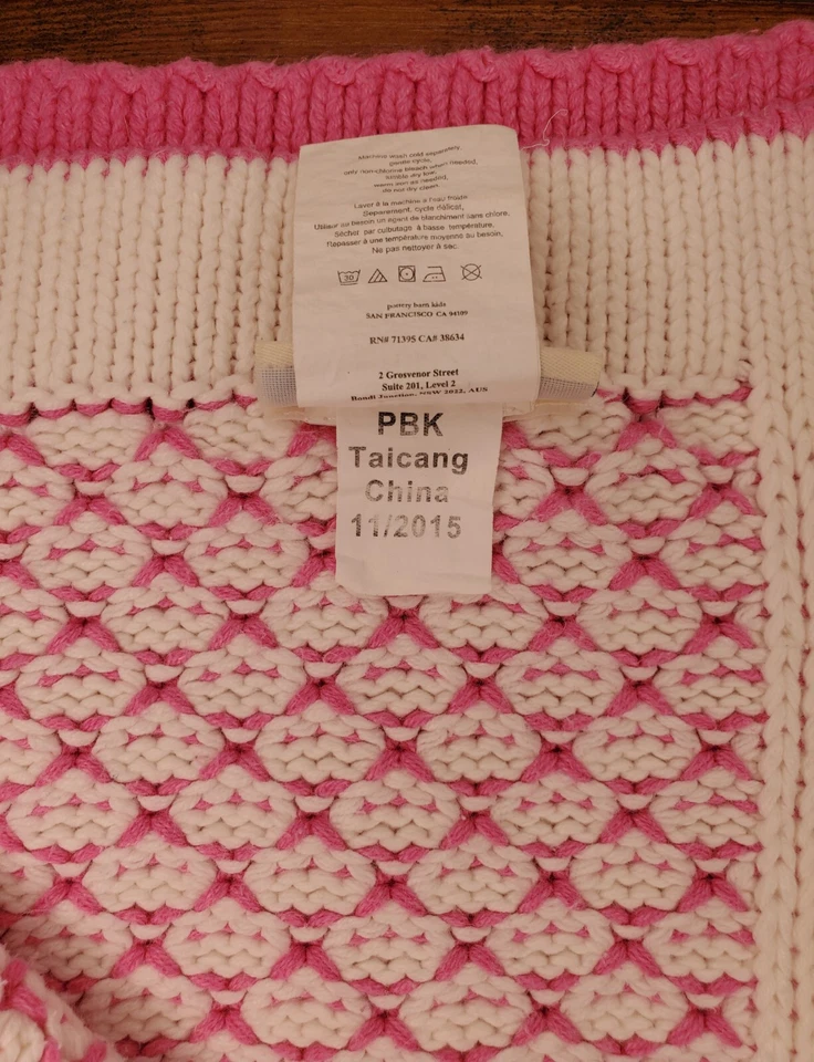 Pottery Barn Kids Bebé Manta Tejido Suéter Rosa Blanco 2015 Difícil de Encontrar Tejido 30x40 Foto 4 de 4