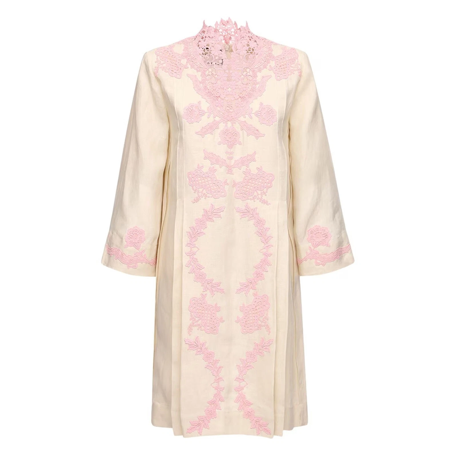 GUCCI ‎605554XDA0N Mini robe caftan en lin plissée station balnéaire tunique dentelle 38 XS S