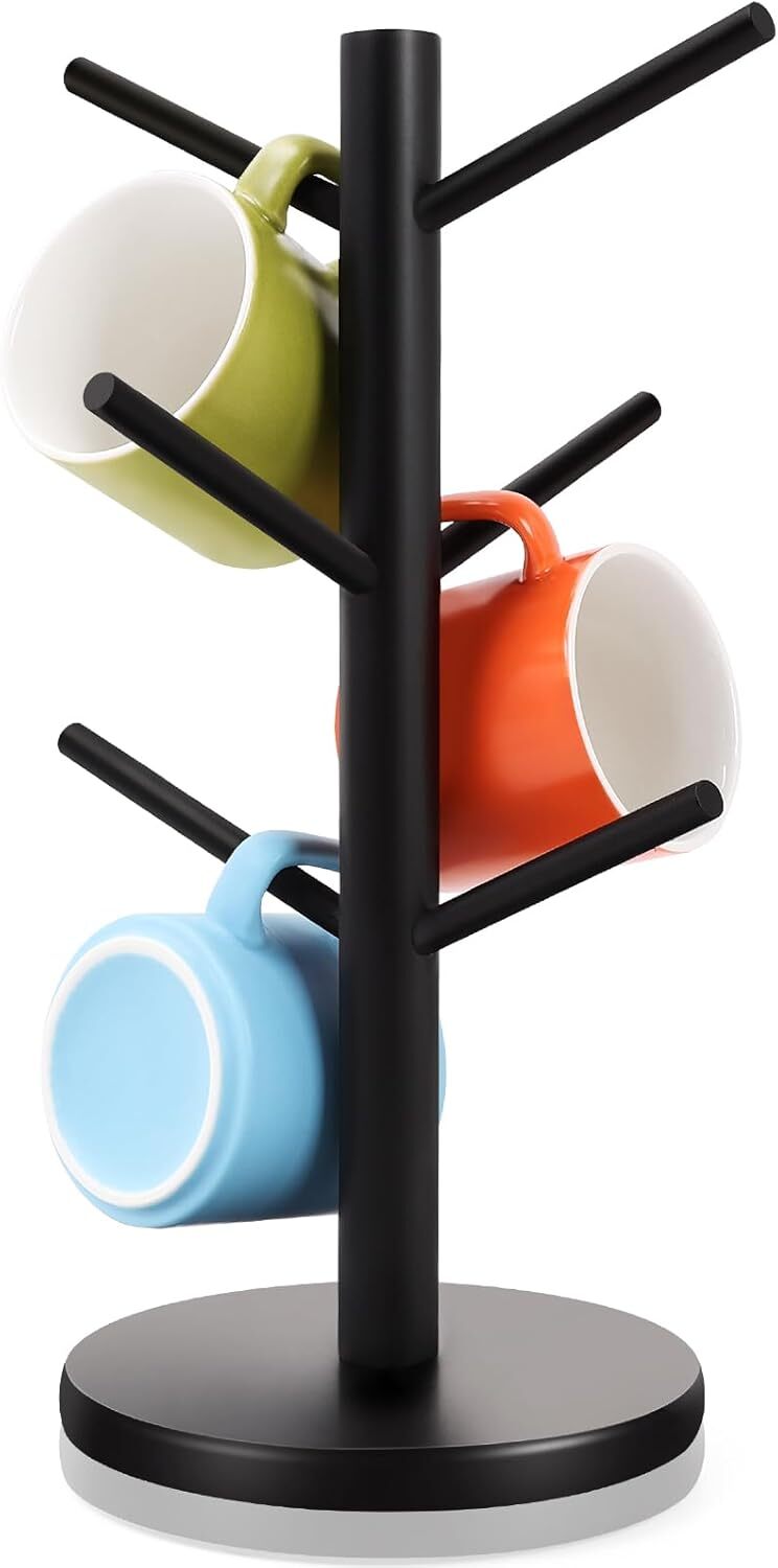 Mug Tree, Thicker Base Coffee Cup Holder for Countertop, Sturdy Wood Black