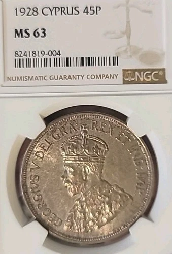 Cyprus 1928 45 Piastres Superb Original Gem NGC 63PQ Full Luster Sharp Detail 