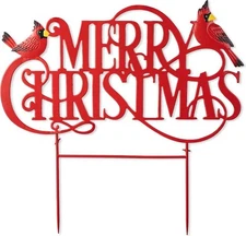 Merry Christmas Metal Yard Stake Sign Cardinal Lawn Decor 23x24 Garden Accent