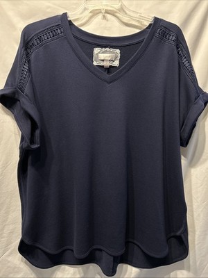 Cupio Navy Top Women s 2x Cuffed Sleeve V-neck Crochet Detail Whimsigoth