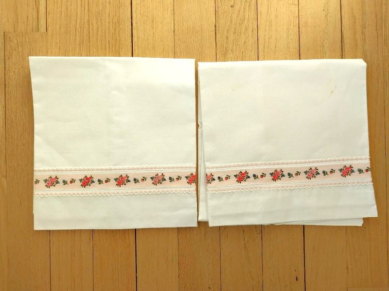 100% white linen pillowcases with pink floral ribbon border, small, vintage