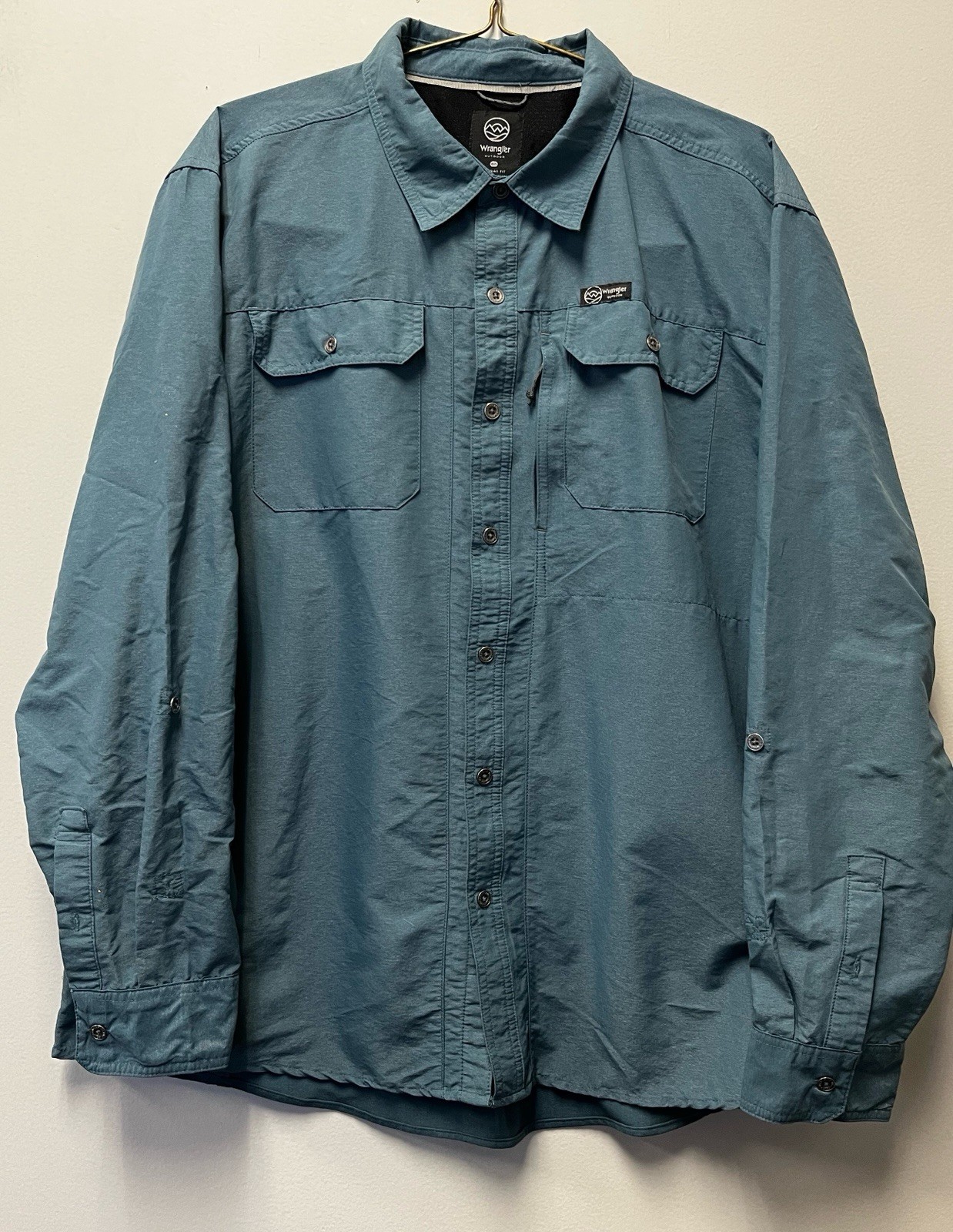 Wrangler Teal Blue Solid Performance Button Down … - image 1