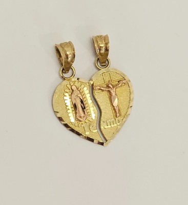 14k Tri-Tone Gold Broken Heart Guadalupe und Kruzifix Anhänger