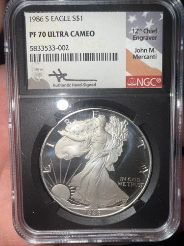 1986 S 1oz Proof American Silver Eagle NGC PF 70 Ultra Cameo Mercanti Signed.