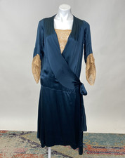 Antique Vintage Early 1920s Teal Blue Silk  Floral Lace Robe House Coat AS IS