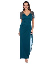 Xscape Neo Emerald Green Xscape Beaded Sleeve Ruched Column Gown Size 8