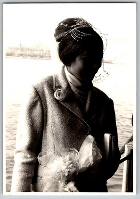 Vtg B&W Snapshot Bride Wearing Bouffant Tiara Veil Wool Coat Corsage Bouquet