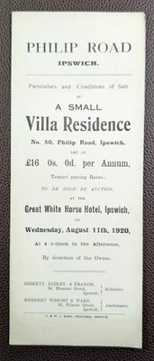 Verkaufsangaben 1920 - Villa Residenz, Nr. 50 Philip Road, Ipswich