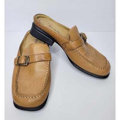 Thom McAn Vintage Tan Leather Mules Slip-On Buckle Detail Women's size 7.5