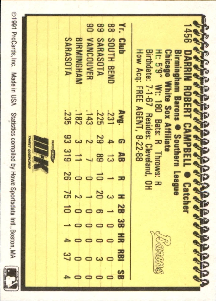 Darrin Campbell 1991 ProCards #1456 RC Birmingham Barons *AutographDen* - Image 2 of 2