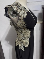 Morilee Madeline Gardner Black Gold Lace Rhinestone Open Back Evening Gown 3/4