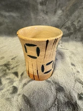 Vintage Hand Thrown Art Studio Pottery Cup Mug Signed LC Geometric Tan Green EUC