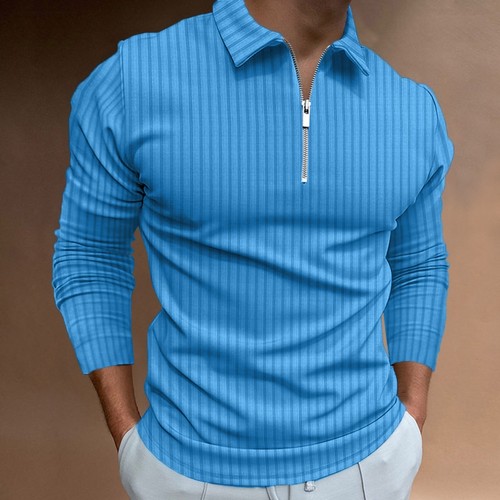 T-Shirt Herren Langarm Poloshirt Zip Neck Business Freizeit Oberteile Gerippt Training - Bild 13 von 36