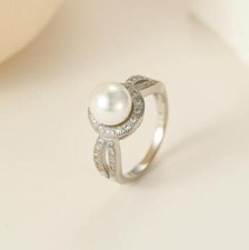 Holiday Gift Round Cut Real Pearl White Cubic Zirconia Silver Rings Us Size 6-10