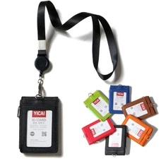 ID Badge Card Holder Synthetic Leather Vertical Clip Neck Strap Lanyard Case