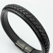 Men Women Boy 12mm Black Braided Genuine Leather Wrist Bracelet Bangle 6.5-9"