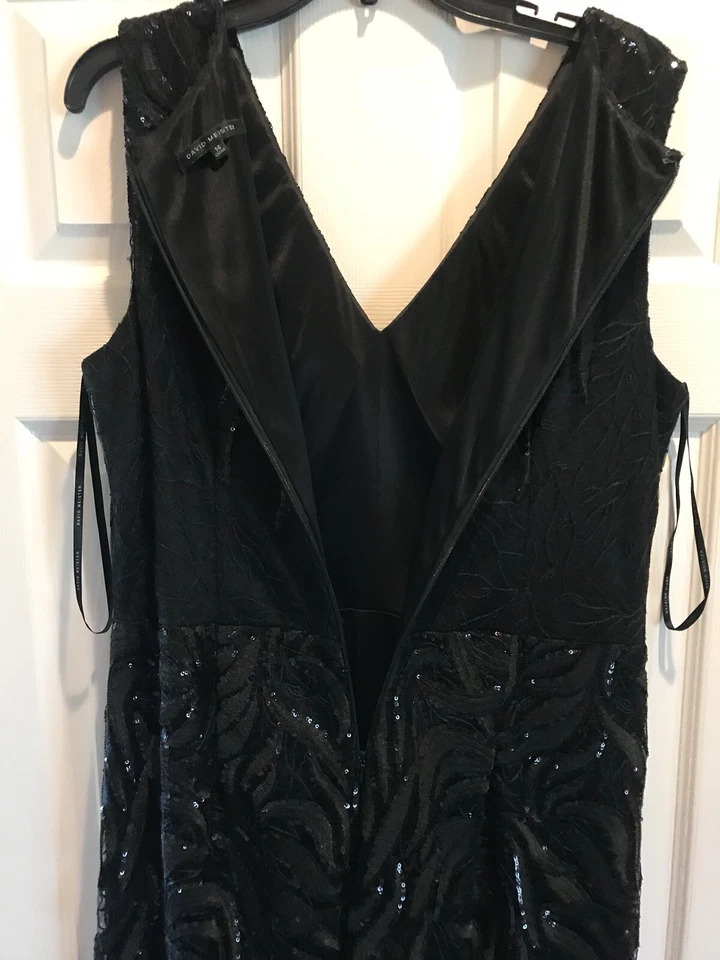 Vestido preto DAVID MEISTER, lantejoulas, bordado, renda, decote em V, tamanho 14. - Imagem 4 de 4