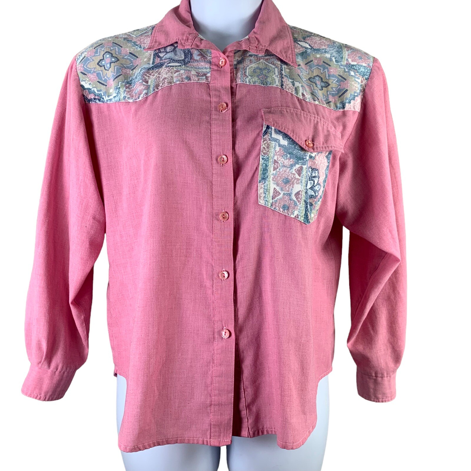 Patchwork Shirt Button Down Blouse Pink Floral Az… - image 3