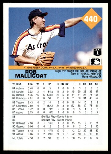 1992 Fleer Baseball Card Rob Mallicoat Houston Astros #440 - Picture 2 of 2