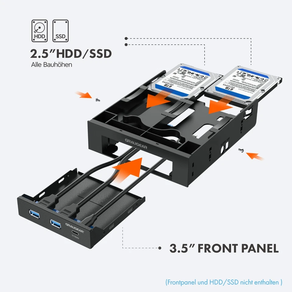 Frontpanel USB-HUB Einbaurahmen 2,5" SSD 3,5" HDD in 5,25 Zoll PC Schacht 20Gbps - Bild 2 von 4