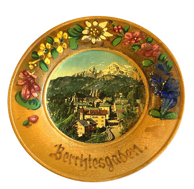 Vtg Bavarian Wood Wall Plate Hand Painted Scene of Berchtesgaben Floral Detail