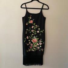 Vintage Black Mini Dress Embroidered Floral Strappy Fringe Fairycore 90s XS