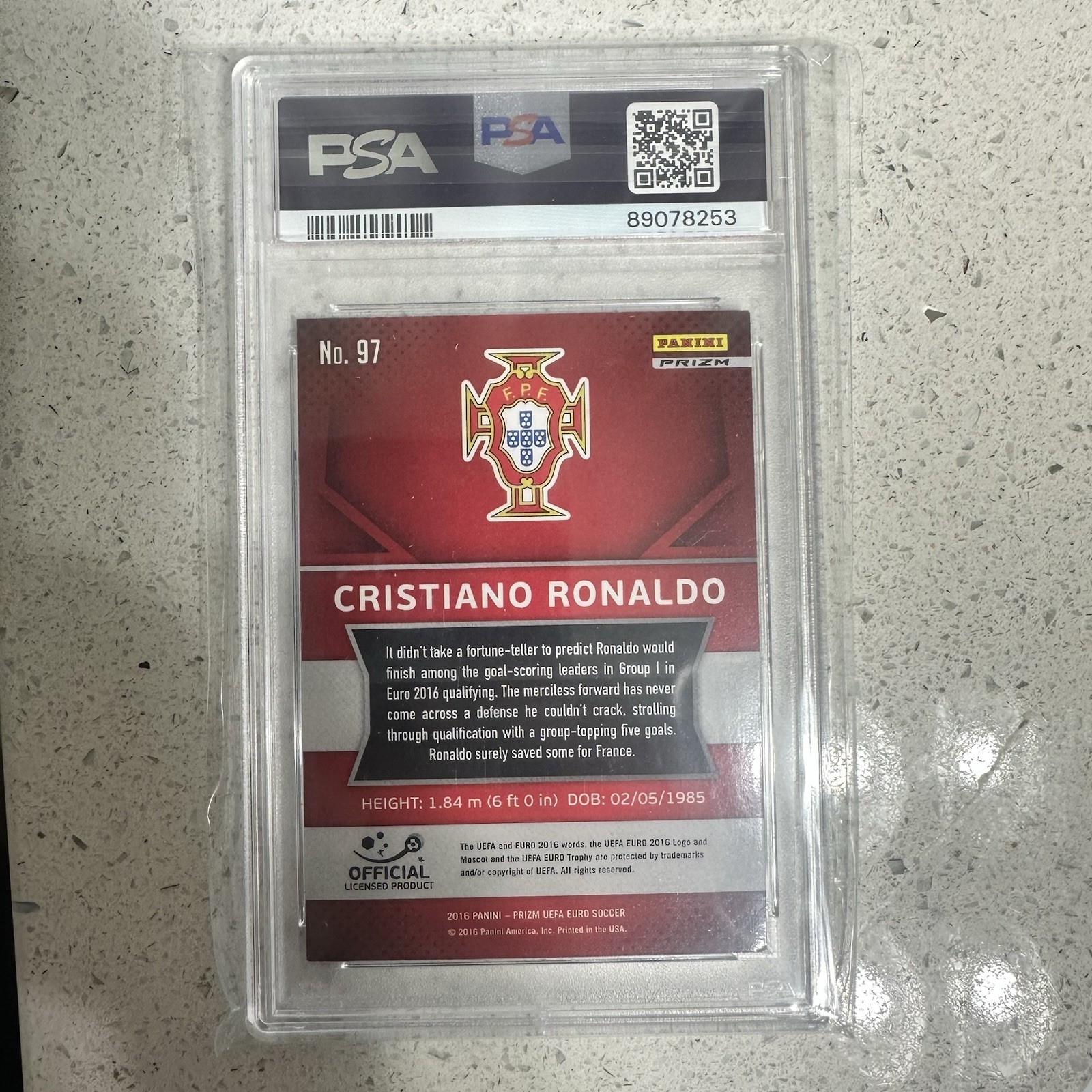 2016 Panini Prizm UEFA Cristiano Ronaldo CR7 Silver Prizm PSA 7 NM #97 Portugal view 2