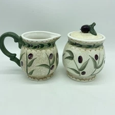 Oneida Oliveto Covered Sugar And Creamer Set Hand Painted Vintage Tuscan Farm