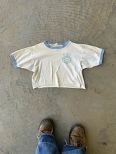 Vintage 70s UNC Champion Blue Bar Ringer T Shirt Crop Top Thrashed Medium