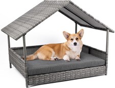 Rattan Wicker Elevated Dog House With Canopy Outdoor Pet Bed Protection Cushion
