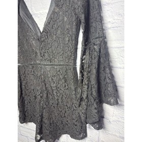 Lulus Black Lace Romper SMALL Ruffled Bell Sleeve Cutout Back Romantic Whimsgoth