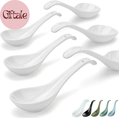 Bright White 6.75 Inch Asian Soup Spoons Set of 6, Ultra-Fine Porcelain Tablespo