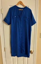 Vera Wang Simply Vera Women's Blue Short Sleeve Button Front Shirt Dress Sz L