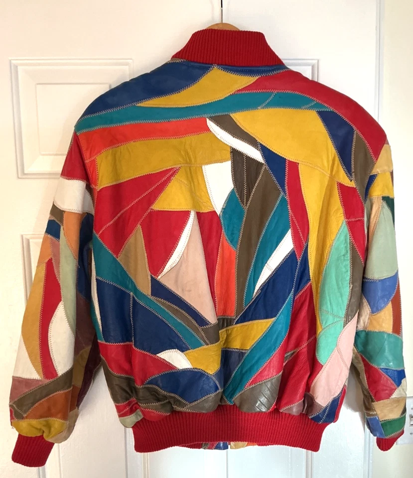 Chaqueta Bomber De Colección David Verde Años 70 Colorida Patchwork Cuero Hombres S/Mujeres M Foto 2 de 4