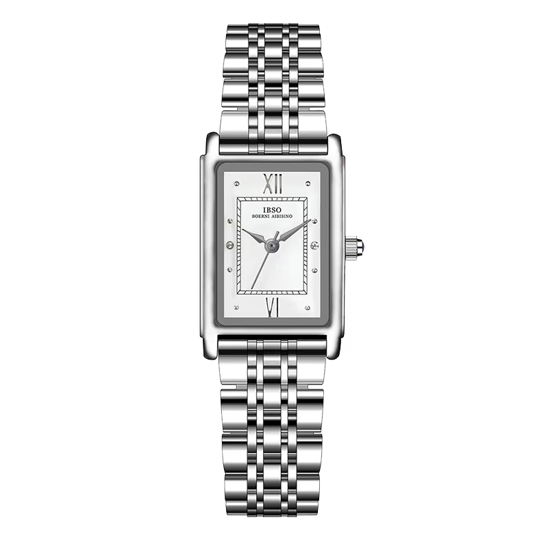 Luxury Silver Steel Rectangular Quartz Wristwatch for Women