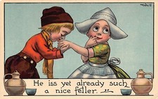 Love Romance Dutch Boy Kisses Girl's Hand Such a nice Feller Pottery postcard