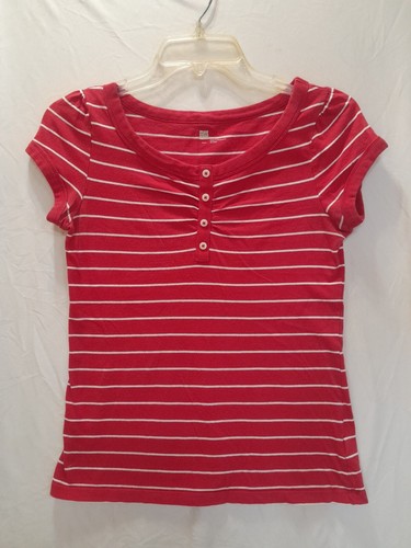 Gap Women Medium Red And White Striped Short Sleeve Cotton T-Shirt With Buttons - Bild 1 von 8