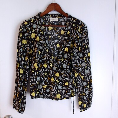 Universal Thread Floral Wrap Blouse Long Sleeve Black Yellow Size S /#6216