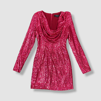 pink sparkly cowl neck dress South Beach cowl neck mini sequin beach dress with flower detail in pink