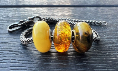 3x Bernstein Armband Perlen. Glatt. Ag925 Kerne. Eu Armband Perlen. EU Charms