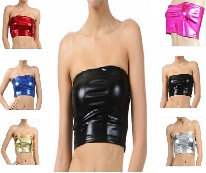 FANCY WET LOOK METALLIC PVC LYCRA SPANDX TOP BANDEAU PARTY DANCER BOOB  TUBE.SML