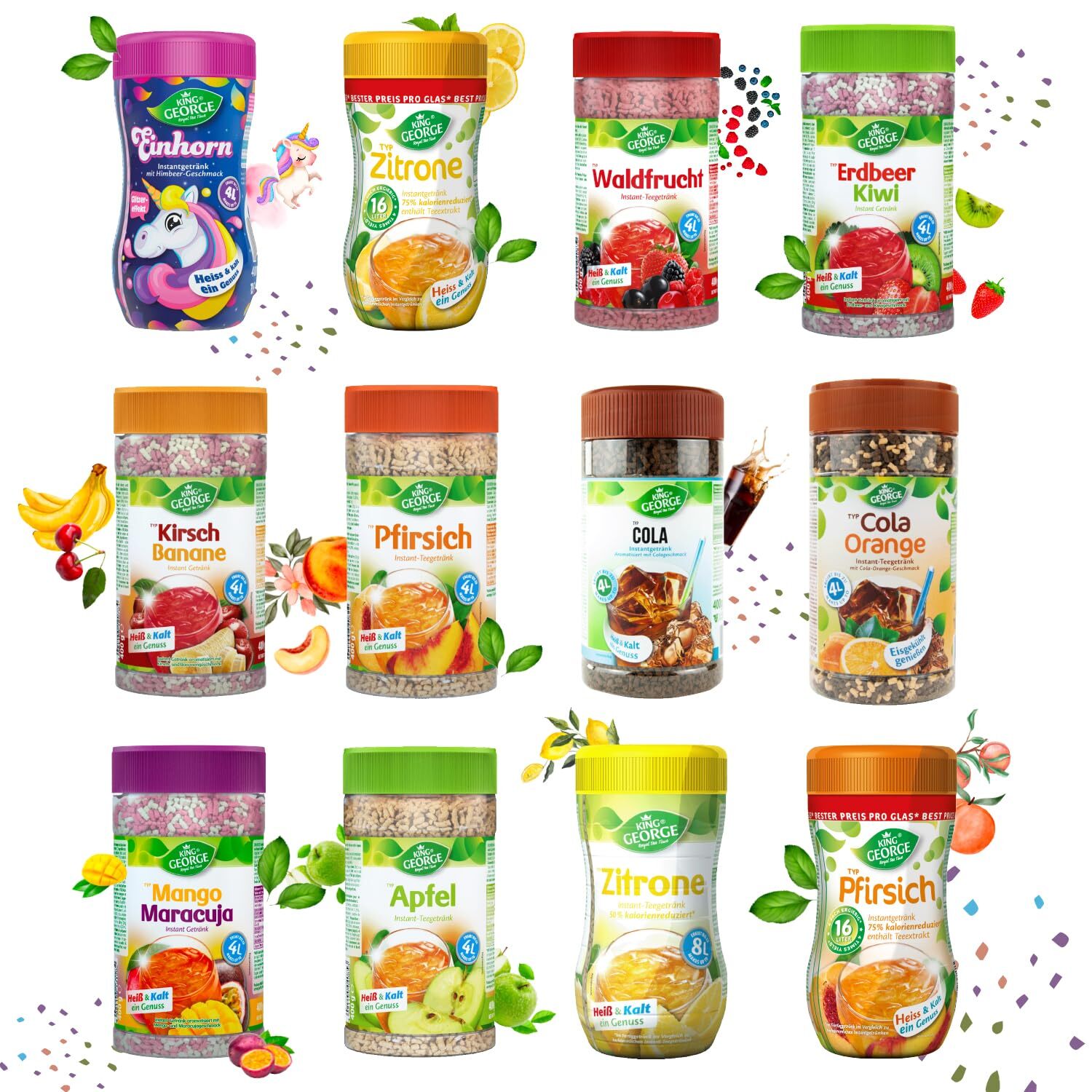 KING GEORGE Instant Tee alle Sorten, Vorteilspack 12 x 400g für Party, Picnic