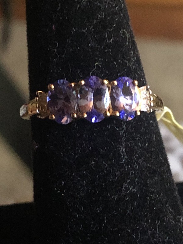 10K Yellow Gold Ring with 3 Tanzanite Stones With Diamonds, Size 8