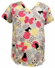 Serene Women's Fashion Medical Scrub Tops White Butterfly Polka Dot Cats M